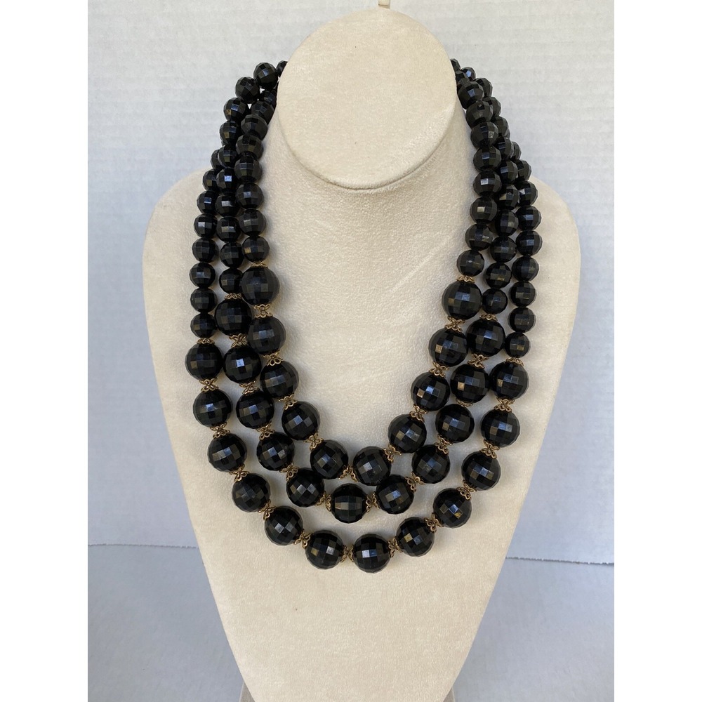 Necklace black beads beaded gold tone multiple‎ layers bulky